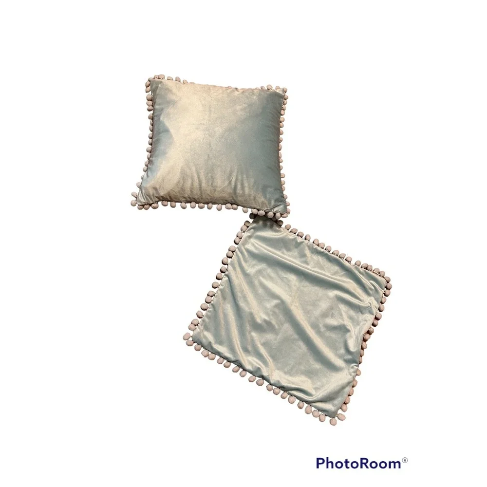 Set of 2 Velvet Pillow Covers Ice Blue with Pom‎ poms Boho Baby Bohochic